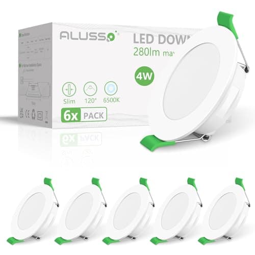 Image of ALUSSO LED Downlights for Ceiling 4W 280LM, Cool White 6500K Recessed Ceiling Lights, Ultra Slim Cutout Φ55-68MM Spotlights, Beam Angle 120° Round Spots IP44 for Bathroom Bedroom Kitchen, 6 Pack