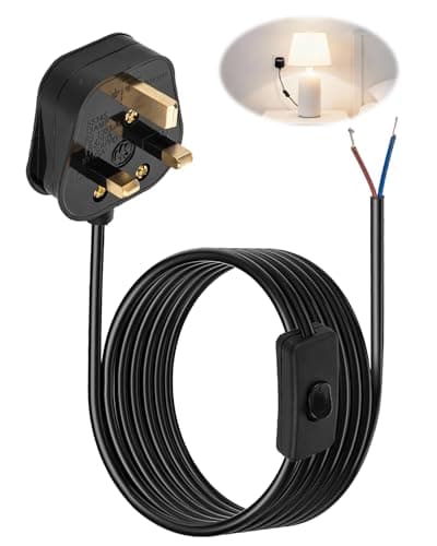 Image of Table Lamp Switch Cable, 2 Core 1.8m Inline Light Switch with UK Plug and 13A Fused, 250V 6A Pre-Wired Power Cord for Table Lamps, Wall Lamps, and Floor Lamps, Black