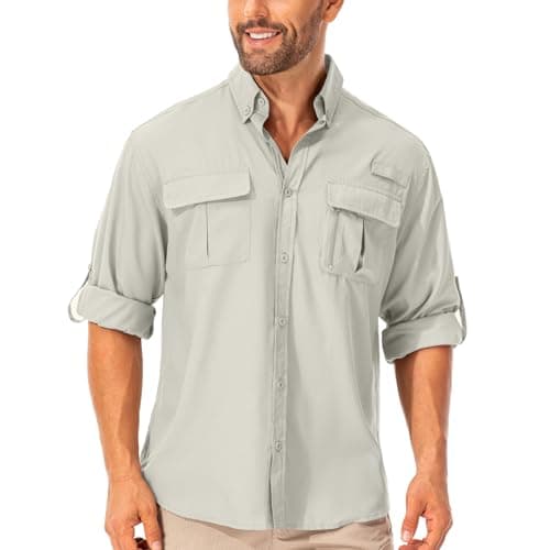 Image of mosingle Men's Long Sleeve Hiking Shirt, Sun UV Protection Safari Fishing Outdoor Shirt Quick Drying Lightweight Walking Travel Shirts #5053-Light Khaki-L