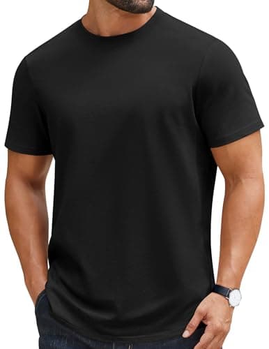 Image of COOFANDY Men's T Shirt 100% Cotton Heavyweight Short Sleeve Crew Neck Tee Basic Plain Tops Regular Fit Black S