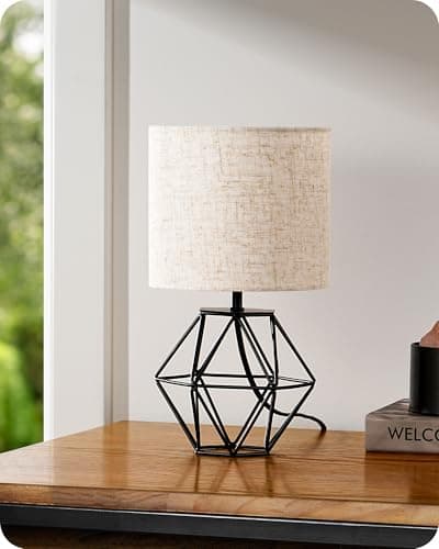 Image of EDISHINE Bedside Lamp, Table Lamp with Metal Cage Base & Linen Lampshade, Modern Lamps for Living Room Bedroom, E14 Socket (Bulb Included), Diamond Cage, Black
