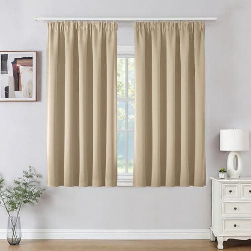 Image of Joydeco Pencil Pleat Blackout Curtains W46 x L54 Inch 2 Panels for Ceiling Track Rail, Pair of Bedroom Window Curtains 137cm Length with Rod Pocket for Room Darkening, Light Beige (No Hooks)