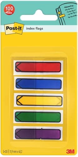 Image of Post-it Index Arrow Flag, Assorted Colours - 11.9 mm x 43.2 mm, 100 Flags/Dispenser, 1 Dispenser/Pack - to Mark or Highlight Important Information