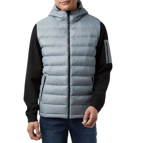 Image of 32 Degrees Men's Mixed Media Jacket Lightweight Insulated Coat with Fleece-Lined Hood, Stretch Sleeves, Zippered Pockets, Adjustable Fit Warm Outdoor Layer (UK, Alpha, M, Regular, Regular, Grey)