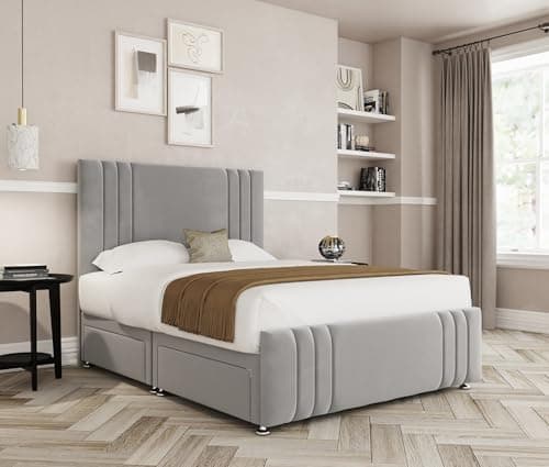 Image of THE BED VILLAGE YORKSHIRE Ripon with Footboard Double (4ft6) Divan Bed with Mattress, Headboard & 2 Drawers Same Side | Silver Grey Plush Fabric | British Timber | Sustainable Handcrafted Design