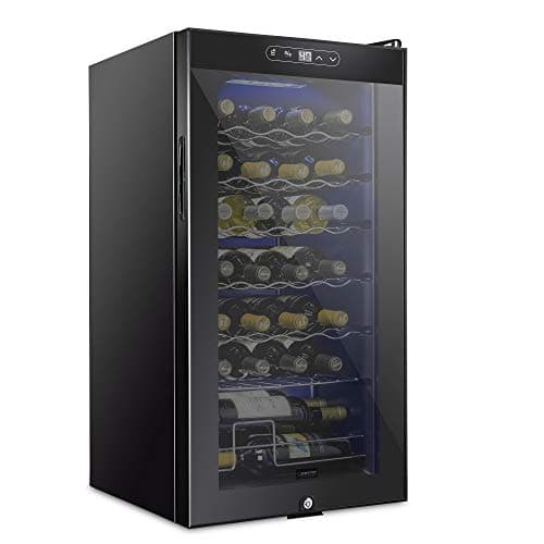 Image of SCHMECKE 28 Bottle Wine Cooler with Lock, Large Freestanding Wine Cellar, 41f-64f with Digital Temperature Control for Red, White, Champagne or Sparkling Wine, Black