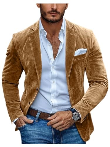 Image of DRCUIVS Men's Faux Suede Blazer Peak Lapel Slim Fit Single-Breasted Business Suit Jacket Formal Wedding Party Sport Coat Camel XX-Small