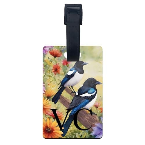 Image of Personalised Magpie Luggage Tag, Bird Art Travel Gift, 9.5cm x 6cm Suitcase Bag Label