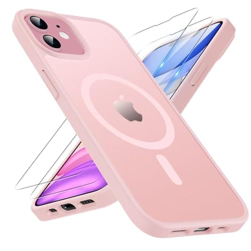 Image of TQIAHF Magnetic Phone Case for iPhone 11 Case with 2 Tempered Glass Screen Protector Compatible with MagSafe Military Grade Shockproof Translucent Matte Cover Slim Phone Case for iPhone 11,Pink