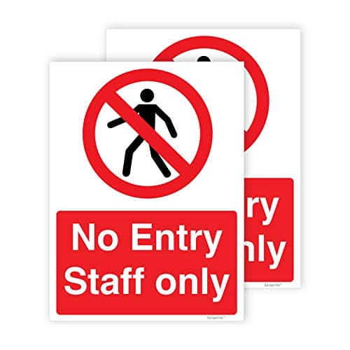Image of Pack of 2 No Entry Signs (150 x 200 mm) Self Adhesive Waterproof Staff Only Sign Stickers for Door Notice, Shop, Warehouse, School, Cafe and Restaurant Sara Prints®