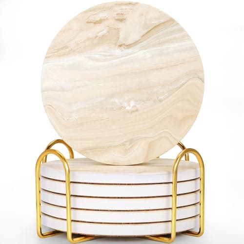 Image of GOH DODD Coasters for Drinks Set of 6, Absorbent Marble Style Ceramic Coaster Tabletop Protection Home Decor with Metal Holder for Coffee Table Housewarming Gifts Wedding Party, Gold, Round, 4 Inch