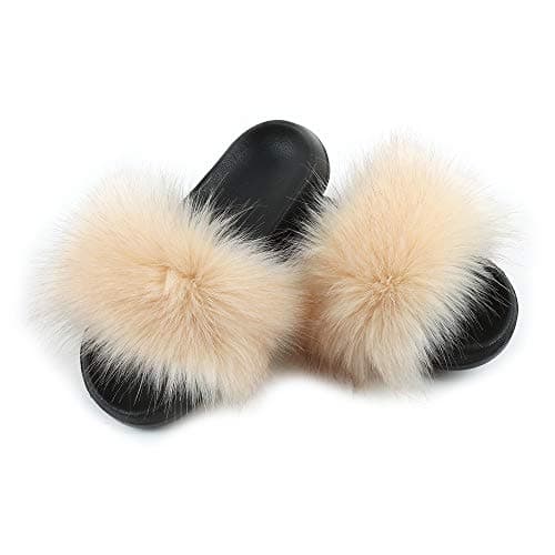 Image of Hiser Women Fluffy Faux Fur Slipper Sliders, Ladies Furry Open Toe House Slippers Cozy Comfy Non Slip Sliders for Walking Indoor Outdoor (Nude,UK6.5-7/270)