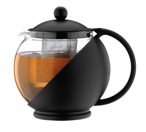 Image of Café Olé Everyday Teapot, Black, 710ml / 25oz / Serves 3-4, Stainless Steel Infuser, Glass Body with Plastic Casing, Dishwasher Safe