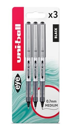 Image of uni-ball UB-157D Eye Designer Black Rollerball Pens. Premium Medium 0.7mm Ballpoint Tip for Super Smooth Handwriting, Art and Drawing. Fade and Water Resistant Liquid Uni Super Ink. Pack of 3