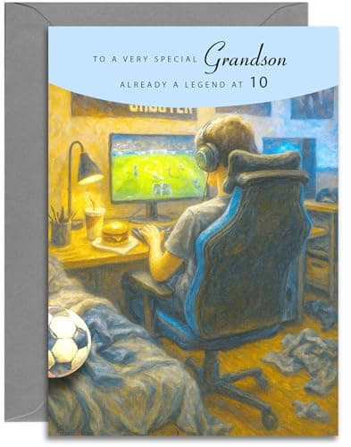 Image of Grandson 10th Birthday Card - Gaming Legend Birthday Card for a Special Grandson Age 10 with lovely verse inside. A5 with Grey Envelope