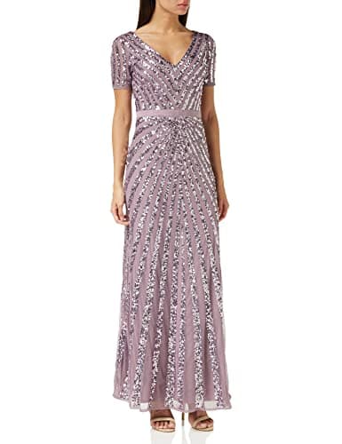 Image of Maya Deluxe Womens Maxi Ladies Embellished Sequin Long Short Sleeve V Neck High Empire Waist Cut Shiny Prom Wedding Bridesmaid Dress, Desert Rose, 14