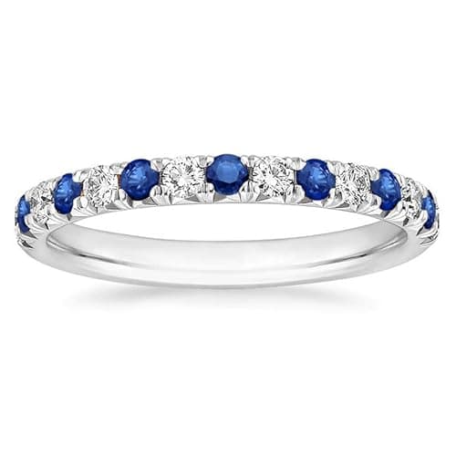 Image of Round Cut Blue Sapphire & White Diamond Eternity Wedding Band For Women, 14K Yellow Gold Plated Silver Anniversary Band, Ladies Full Eternity Ring