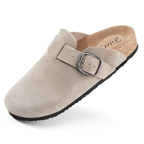 Image of FITORY Womens Clogs Slip-on Potato Shoes Leather Mules with Suede Cork Footbed Greige Size 4