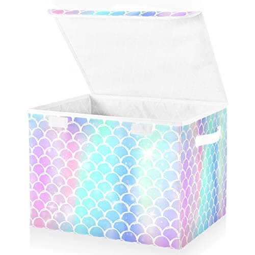 Image of Mnsruu Storage Boxes with Lids, Rainbow Scales Mermaid Princess Large Storage Basket Organizer Shelves Cube Bin Toy Clothes Underbed