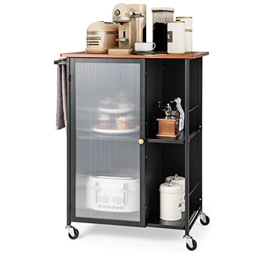 Image of TANGZON Kitchen Trolley on Wheels, Rolling Kitchen Island with Door, Wooden Worktop, Open Shelves & Metal Handle, Utility Serving Trolley Cart for Home Bar Restaurant