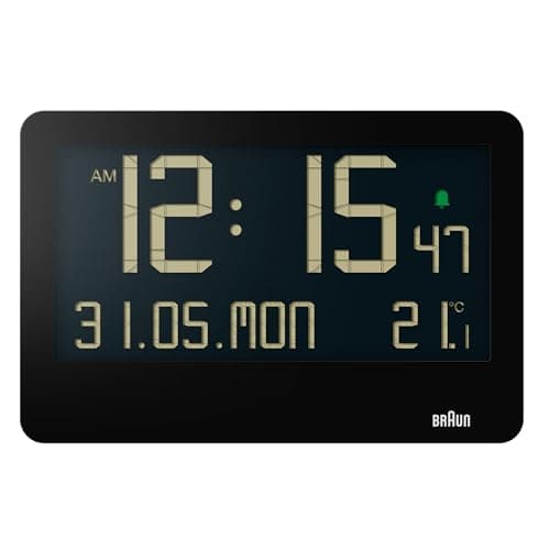 Image of Braun Digital Wall Clock with Indoor Temperature, Date, Day of the Week, Large Reverse LCD Display, Quick Set, Beep Alarm in Black, model BC14B.