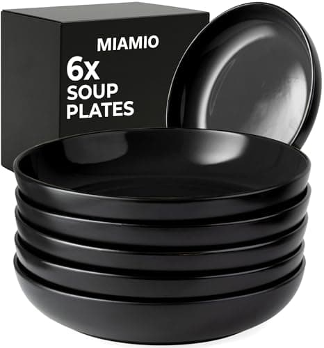 Image of MIAMIO – 900 ml / 22 cm Set of 6 Pasta Bowls/Salad Bowls, Pasta Plates Wide and Shallow Bowl, Large Ceramic Stoneware Deep Plate Serving Soup - Le Papillon (Black)