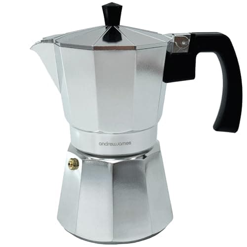 Image of andrew james 6 Cup Moka Pot Coffee Percolator, Italian Espresso Maker Stove top Coffee Maker for Ground Coffee, Aluminium Mocha Pot with Cool Touch Handle (Silver)