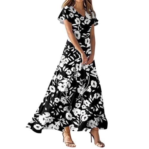 Image of Ladies Short Puff Sleeve V Neck Floral Boho Dresses Flared Flowy Chiffon Maxi Dress Summer Beach Holiday Sundress for Women,Black,XL