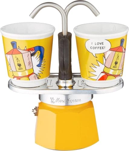 Image of Bialetti - Mini Express Lichtenstein: Moka Set includes Coffee Maker 2-Cup (2.8 Oz) + 2 shot glasses, Yellow, Aluminium