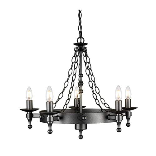 Image of 5 Bulb Chandelier Hanging Pendant Light - Wrought Iron Style Chain Hanging - Graphite Finish Black - LED E14 60W Bulb