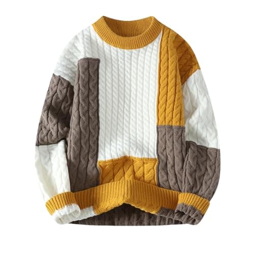 Image of GURUNVANI Mens Patchwork Sweater Colorblock Knit Jumper Vintage Cable Knitted Pullover Sweater, Yellow, Medium