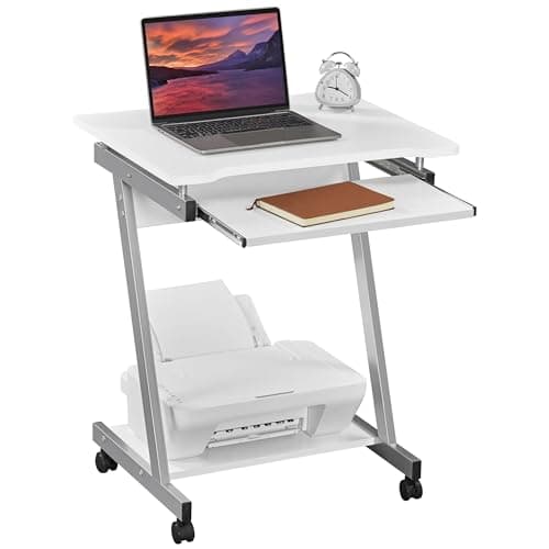 Image of Yaheetech White Mobile Computer Desk, Z-Shaped Design Small Office Workstation, PC Laptop Table with Sliding Keyboard Tray and Priter Shelf, Rolling Office Study Table on Wheels
