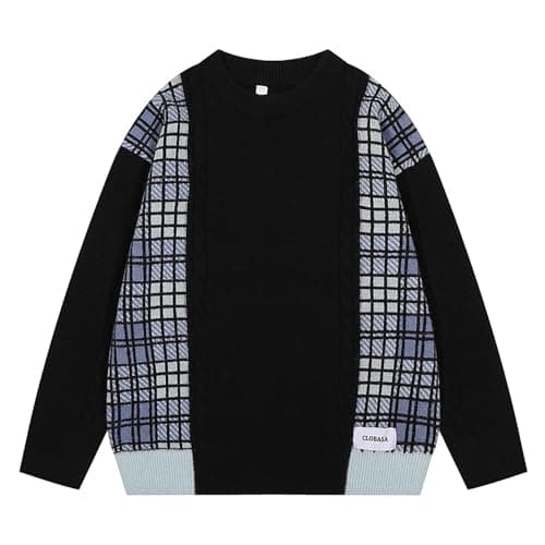 Image of RUMAOZIA Knitted Jumper Men's Classic Winter Jumper Warm Sweater Loose Fit Undershirt Oversized Y2K Sweatshirts Soft Jumper Men Comfortable Colour Block Knitted Jumper Casual Thermal Jumper, O Black,