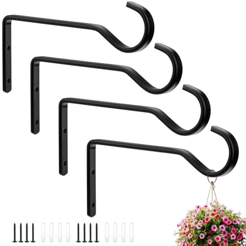 Image of 4 Pack Hanging Basket Bracket, 6 inches/15 cm Hanging Basket Brackets Outdoor, Bird Feeder Bracket, Heavy Duty Hanging Basket Bracket for Hanging Plants, Baskets, Wind Chime, Bird House (Black, Metal)
