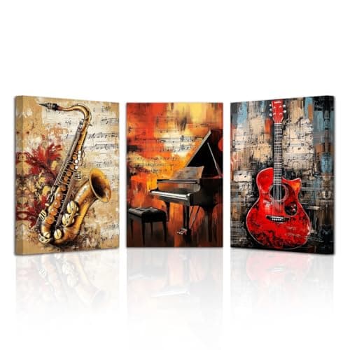Image of LZIMU Vintage Music Wall Art Music Studio Wall Decor Framed 3 Pieces Guitar Piano Saxophone Pictures Jazz Canvas Prints Musical Instruments Painting (11x14inchx3 Pieces)