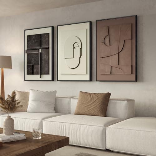 Image of Large Framed Abstract 3D Textured Wall Art for Living Room, 3-Piece Modern Neutral Artwork for Walls, Geometric Brown White Textured Wall Art Big Size Sandstone Painting Prints for Meeting Room