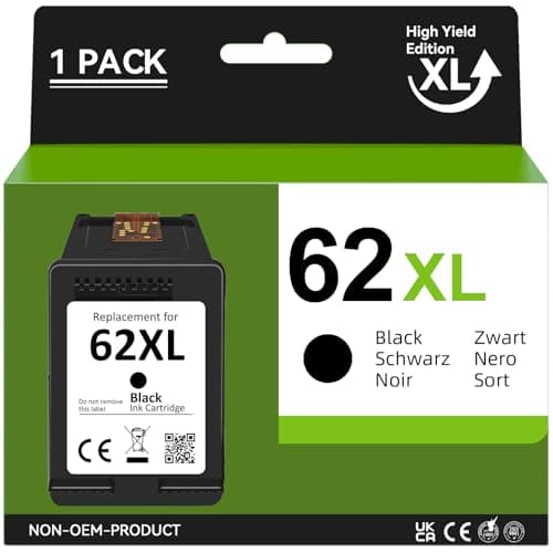Image of 62XL Black Ink Cartridge (1-Pack) - High Yield Replacement for HP Envy 5540 5640 7640 & OfficeJet 5740 200 250 - Compatible with HP 62 XL Printer Cartridges - 660 Page Yield