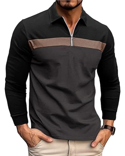 Image of Ryehack Men's 1/4 Zip Polo Shirt Long Sleeve, Raglan & Contrast Color - Casual & Golf T-Shirt, Black+Grey, M