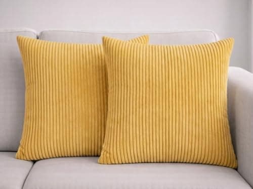 Image of Seechoo Corduroy Cushion Covers, Set of 2, 45 x 45 cm, Striped, with Invisible Zipper, 18 x 18 Inch (Ochre)