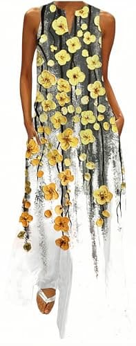 Image of Ocean Plus Women's Long Skirt Vintage Print Dress with V-Neck Sleeveless Pocket Summer Dress (L, Oil Painting of Small Yellow Flowers)