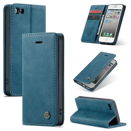 Image of Cracedily for iPhone 5 / iPhone 5S / iPhone SE (2016) Case, Wallet Case Flip Leather with Card Holder Magnetic Closure Shockproof Kickstand Protective Phone Cases Cover for iPhone 5S,Blue-Green