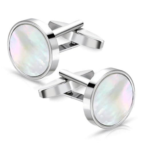 Image of Ouligay Mother of Pearl Cufflinks for Men Cuff Links Mens Classic Men's Cufflinks for Men Wedding Silver Cuff Links for Wedding Father Husband Boyfriend