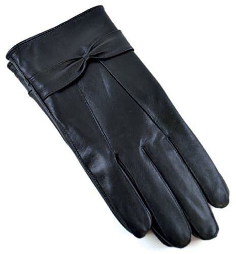 Image of RJM Ladies Lined Black Sheepskin Leather Gloves With Bow Size M/L