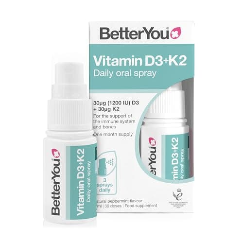 Image of BetterYou Vitamin D3 K2 Oral Spray, Fast Acting Vitamin D 1200 IU + Vitamin K2 (MK7) Supplement, Supports Bones, Teeth, Immune System & Blood Clotting, 1-Month Supply, Natural Peppermint Flavour