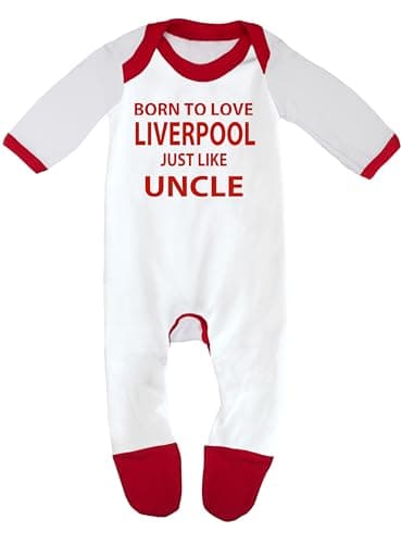 Image of Cheekytots Baby Sleepsuit – Born To Love Liverpool Just Like Uncle – 100% Cotton Baby Romper (6-12 Months, White/Red Trim)