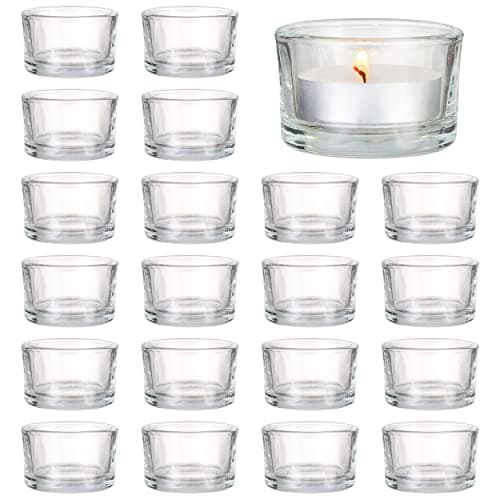 Image of MATANA - 24 Tea Light Candle Holders Elegant Clear Glass, 5 x 3 cm for Candles, Votive Tealight Holders for Decoration, Restaurant, Celebrations Engagement, Wedding, Anniversary - Holder Tea Lights