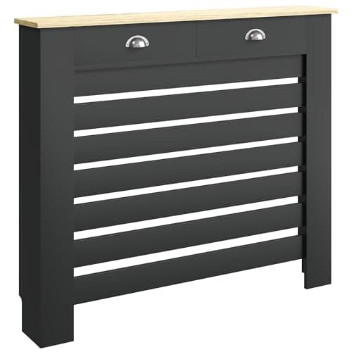 Image of HOMCOM Radiator Cover with Drawer, Horizontal Slatted Grill, Black Painted MDF Wood Cabinet Shelf Heating Cover for Living Room Bedroom Hallway, Medium (H: 95.5 / W: 111 / D: 19 cm)