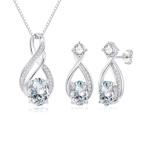 Image of Bewenda Silver Jewellery Sets for Women - 2 PCS Infinity Water Drop Necklace & Stud Earrings with 5A Cubic Zirconia, 925 Sterling Silver Chain 45cm with Teardrop Pendant & Studs Womens Jewellery Gift