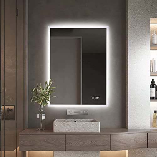 Image of furduzz Illuminated Backlit LED Bathroom Mirror, 600x450mm Wall Mounted Multifunction Bathroom Vanity Mirror with Touch Button 3 Colour Light Dimmable Anti Fog Make Up Mirror, Vertical/Horizontal