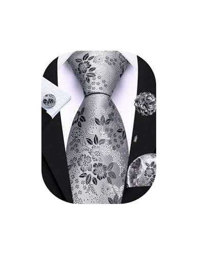 Image of Barry.Wang Grey Silver Tie with Flower Lapel Pin for Men Floral Silk Necktie Pocket Square Cufflinks Set Formal Wedding Party Business